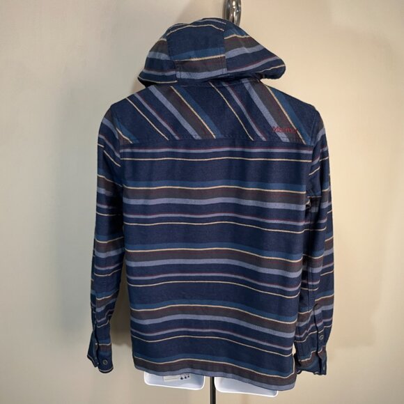 Marmot Men's blue, burgundy & gold striped Hooded Flannel shirt S jacket EUC - Picture 4 of 6